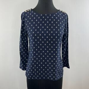 J. Crew 82583 Blue Beige Anchors Away Silk Shoulder Buttons Blouse Nautical 2